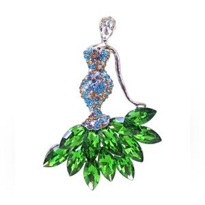 LadyMermaid Pin Brooch in a Green Crystal Dress and Multi Color Crystal Top  New